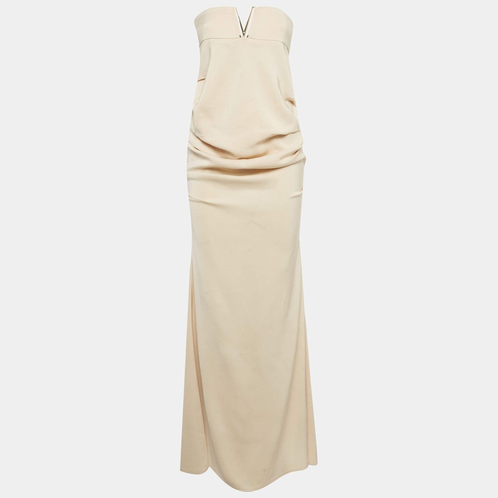 Elisabetta Franchi Beige Stretch Crepe Strapless Maxi Dress M