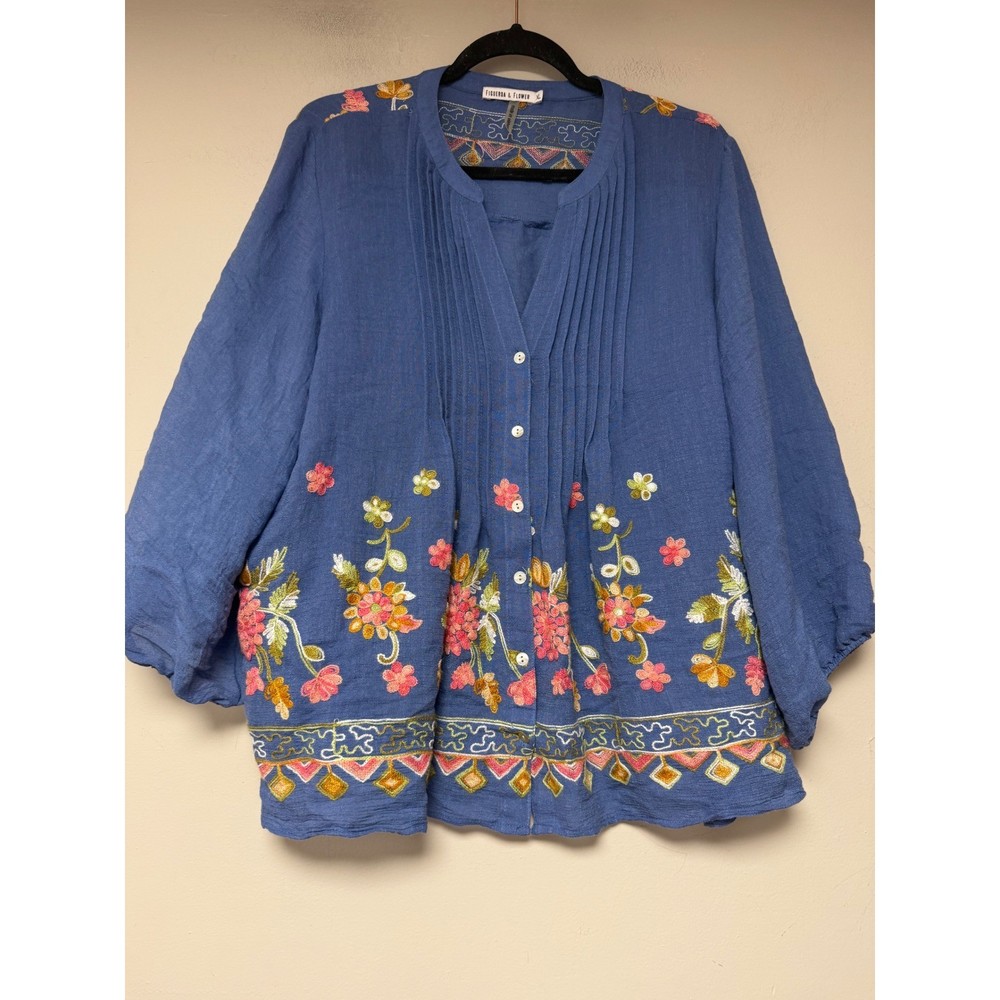 Figueroa & Flower Blouse Womens XL Blue Excellent Boho Floral Embroidered 8601