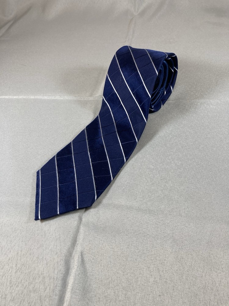 TOMMY HILFIGER Blue White Striped Silk Tie with Blue Lining