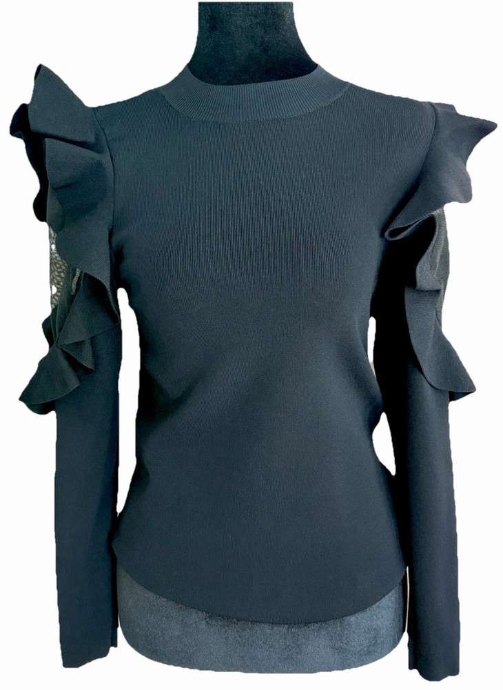 Ted Baker Black Ribbed Knit Top featuring voluminous ruffle sleeves. Size 2.