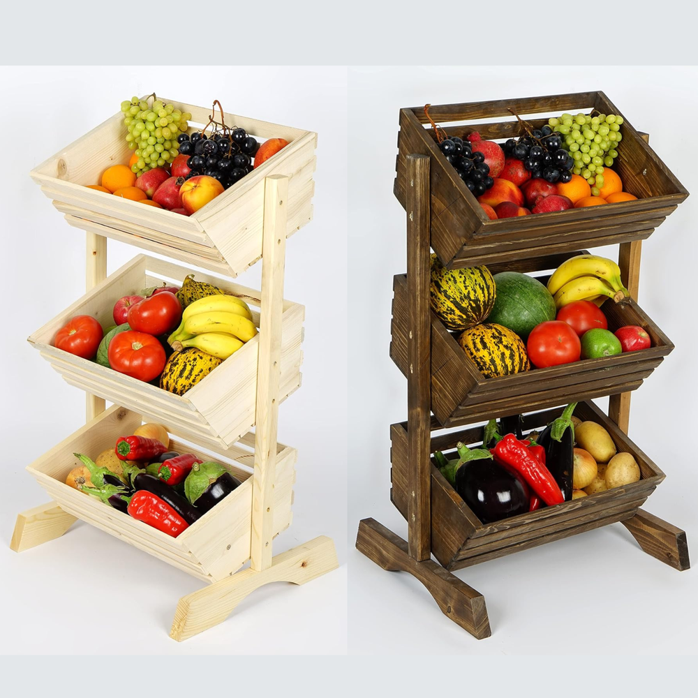 Handmade 3 Tier Wooden Fruit Basket Vegetable Storage Stand for Kitchen and Shop