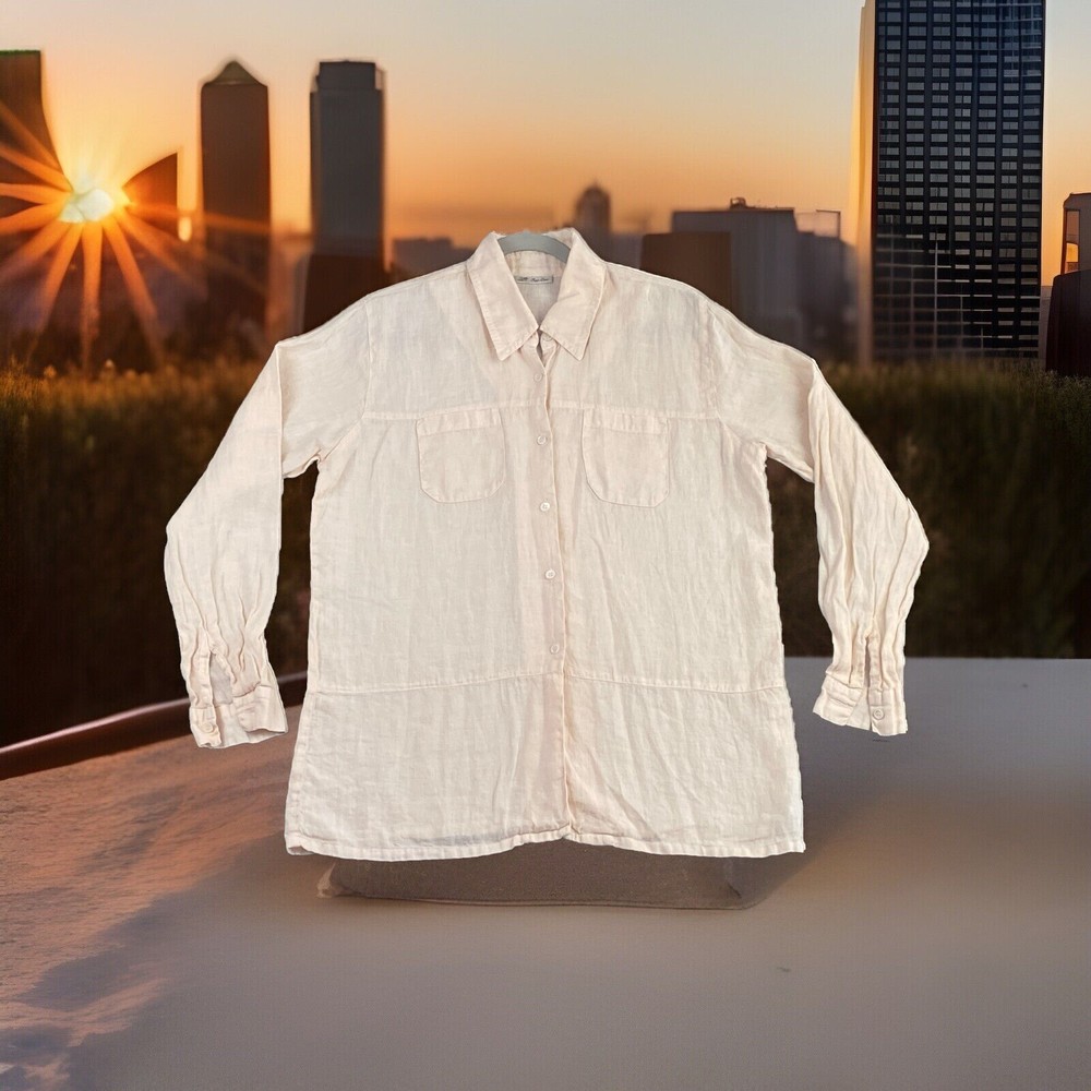 PURO LINO Womens L Long Sleeve Button-Up Blouse 100% Linen Made In Italy Relaxed