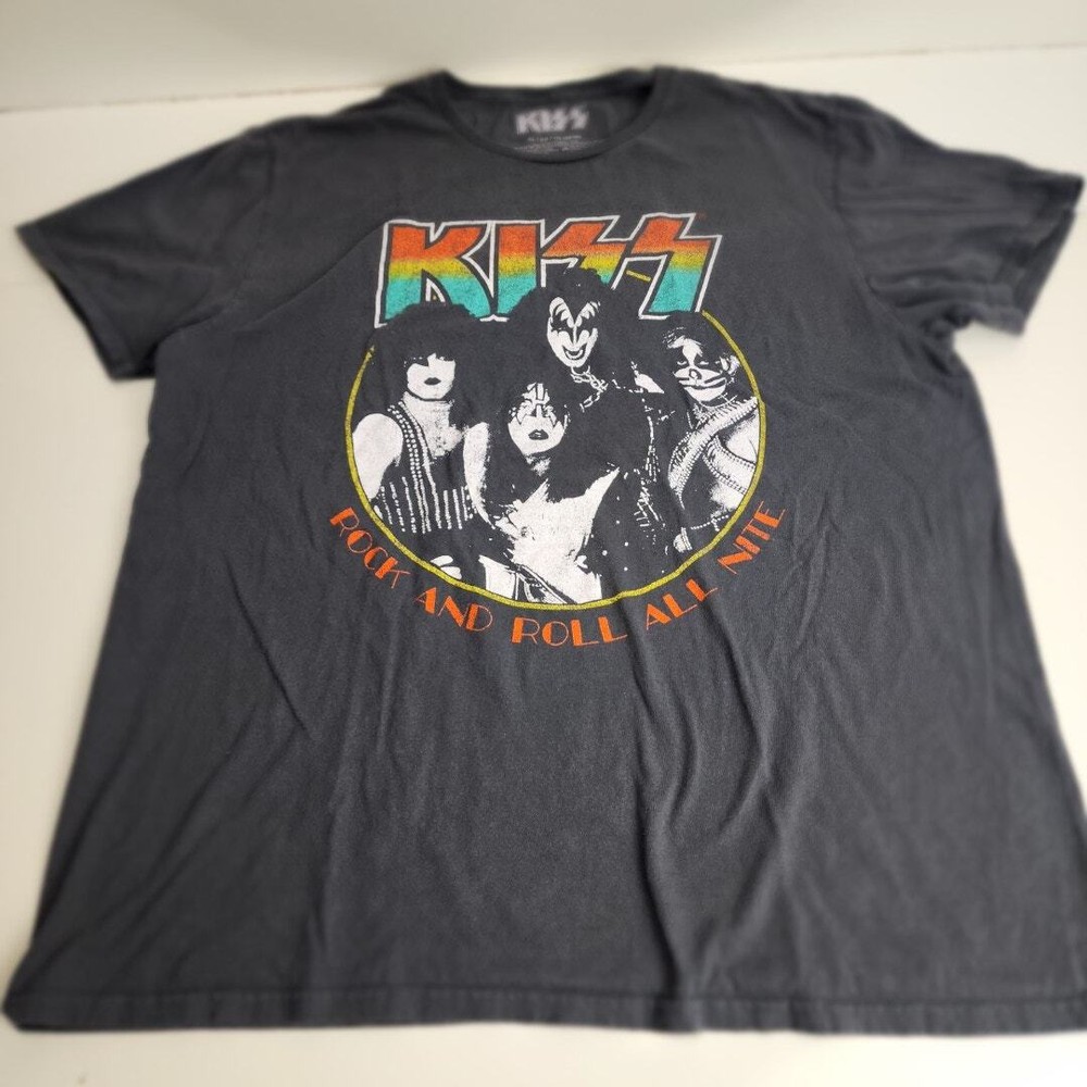 KISS Rock and Roll All Nite Black Band T-Shirt Mens XL Vintage Style