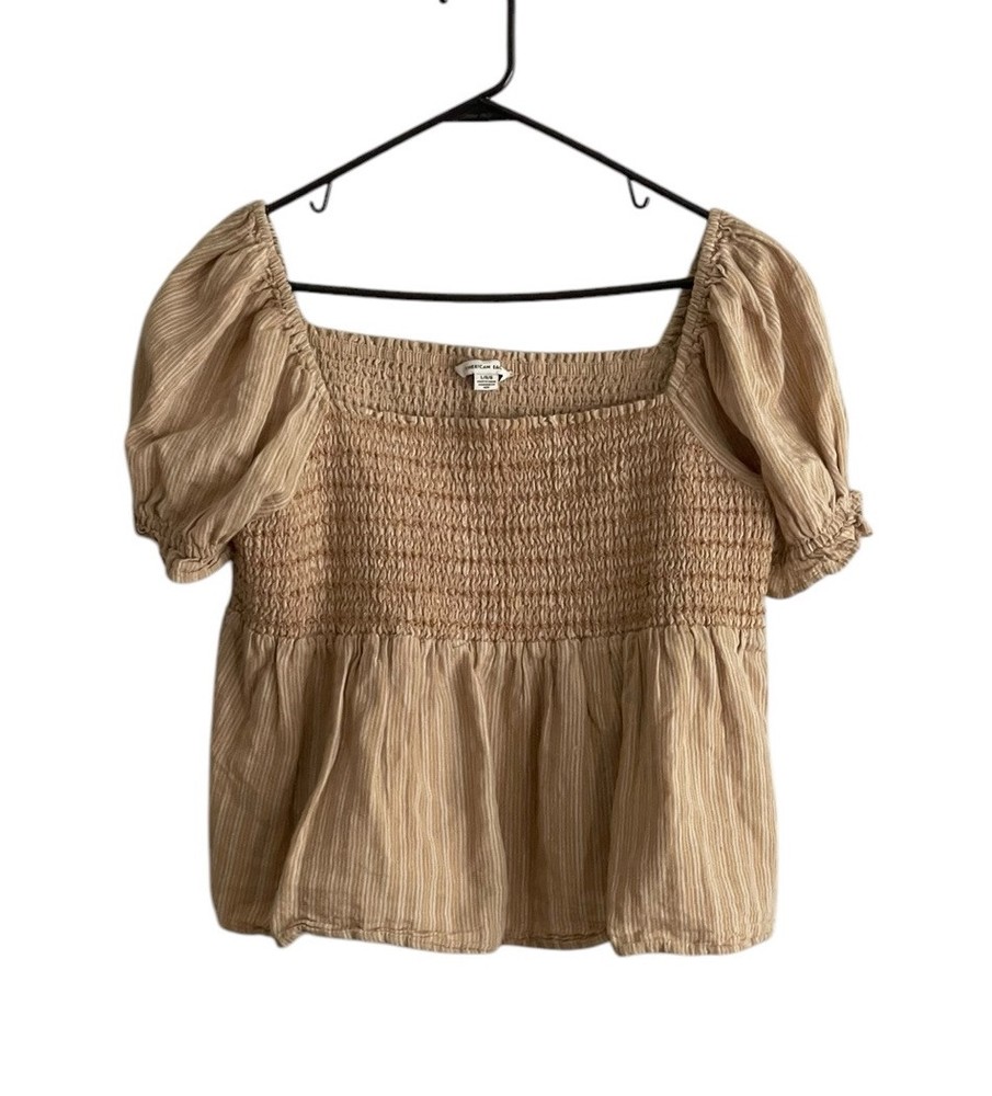 American Eagle Top Large Brown Stripe Smocked Blouse Puff Sleeve Crop Cotton