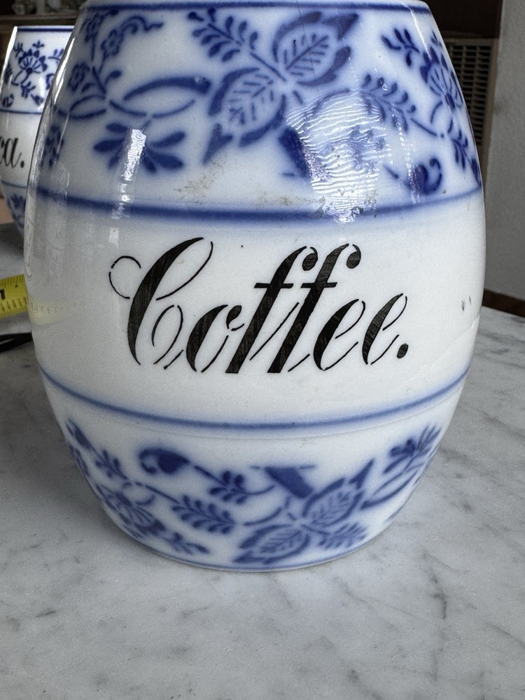 Vintage Blue White Coffee Canister Crock Farmhouse Kitchen Storage Ceramic Jar