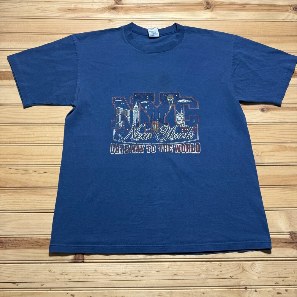 Vintage 90s NYC New York City Gateway To the World Twin Tower Faded Shirt Large