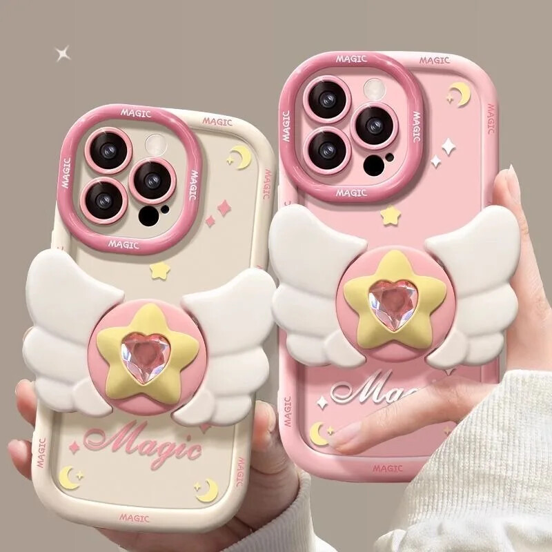 For iPhone 14 Plus 13 15 Pro Max 12 11 Pink Star Wing Holder Soft Phone Case