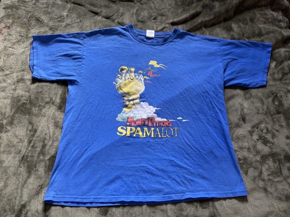 Vintage Monty Python Spamalot Shirt Mens XL Blue Musical Broadway Faded 2000s