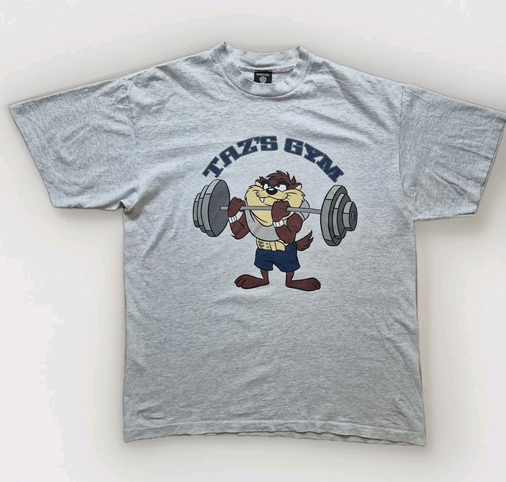 Vintage Taz Gym 1995 Warner Bros XL Grey T-Shirt Single Stitch Looney Tunes 90s