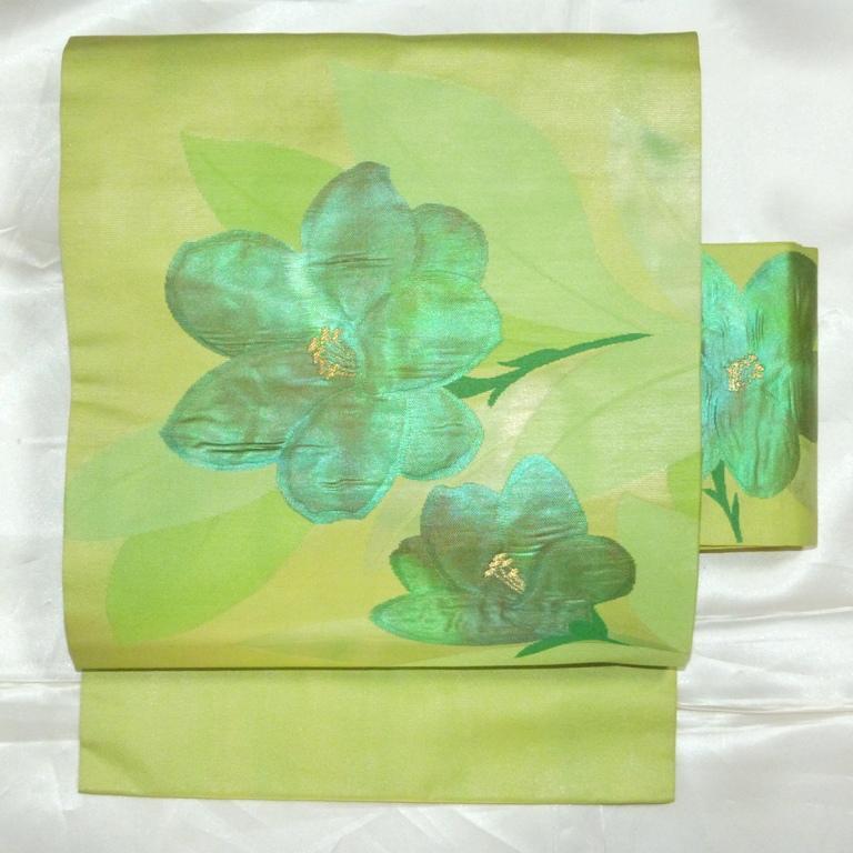 Nagoya Obi Kimono Bright Yellow Fukura Floral Pattern, Silk, Length Approx. 3M52
