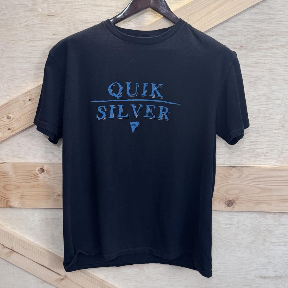 VTG Quiksilver Shirt Mens Large Black Blue Spell Out Skater Surf Graphic Tee