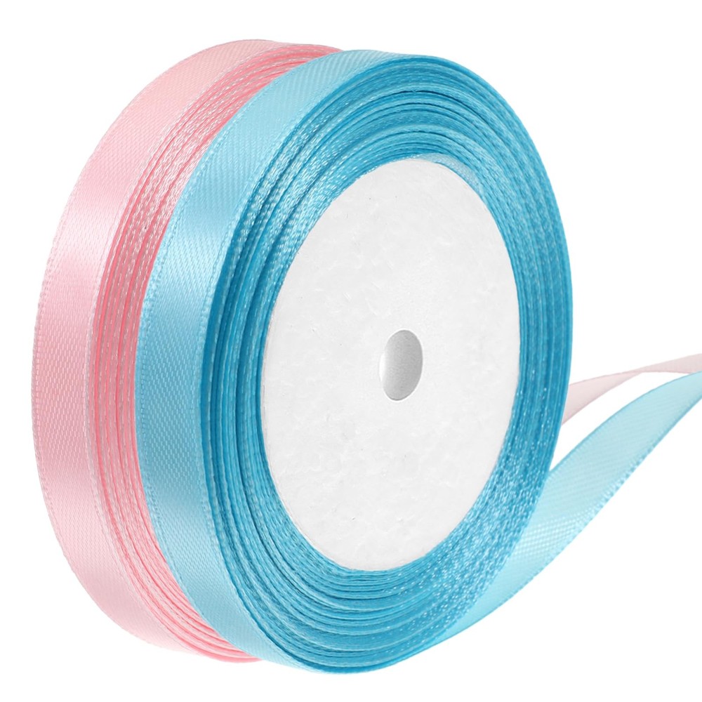 2 Rolls Pink and Blue Ribbon Light Double Faced Satin Ribbon 3/8 Wide Satin B...