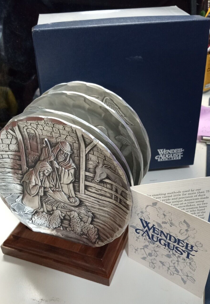 Wendell August CHRISTMAS NATIVITY 4 PIECE Aluminum Coaster Set w orig box, stand