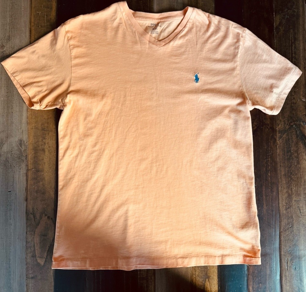 Polo Ralph Lauren Shirt Mens Medium M Orange V Neck Short Sleeve Cotton Tee