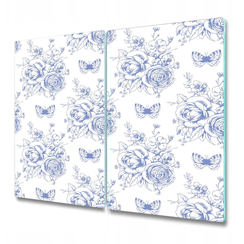 Glass Chopping Cutting Board Floral motives and butterflies blue and white photo