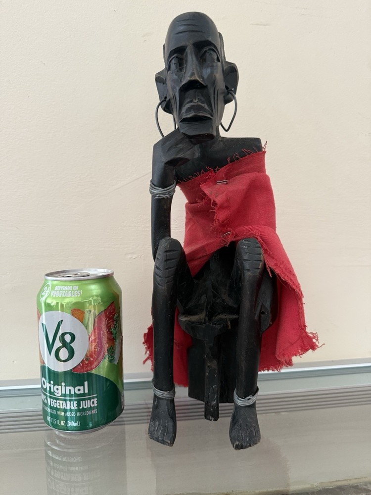 12” African Maasai Tribe Chief Old Man Thinking On Stool Hand Carved Figurine