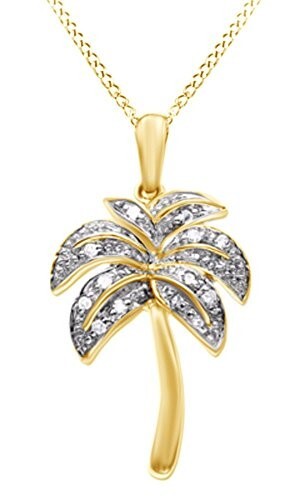 0.25Ct White Natural Diamond Accent Palm Tree Pendant 14K Yellow Gold Plated