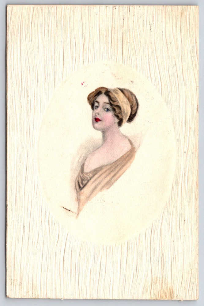 Antique Vintage Postcard Pretty Lady Girl Red Lips Wood Grain Texture Oval 1913