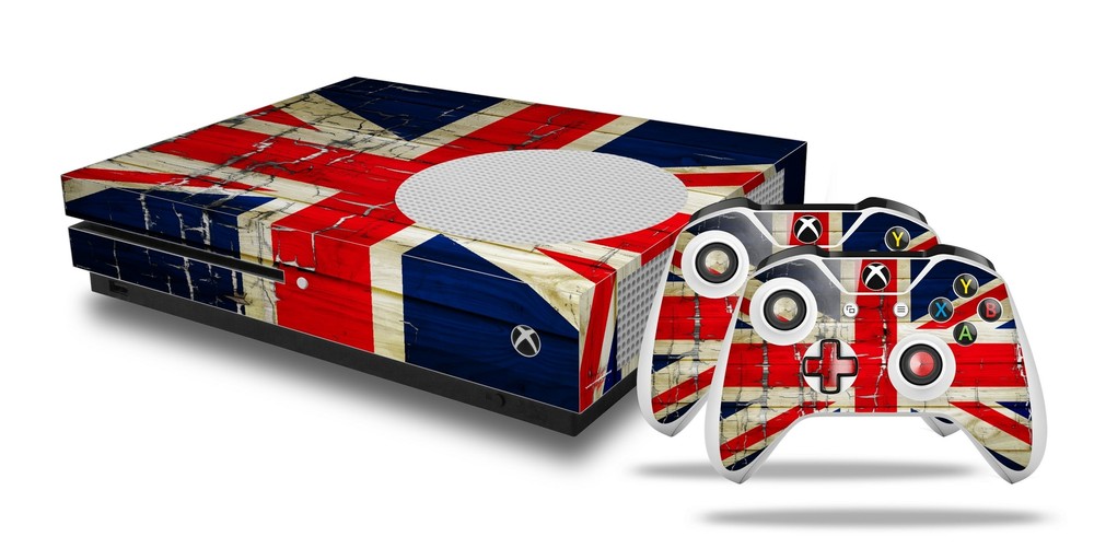 Skin XBOX One S Console Controller Painted Faded Cracked Union Jack British Flag