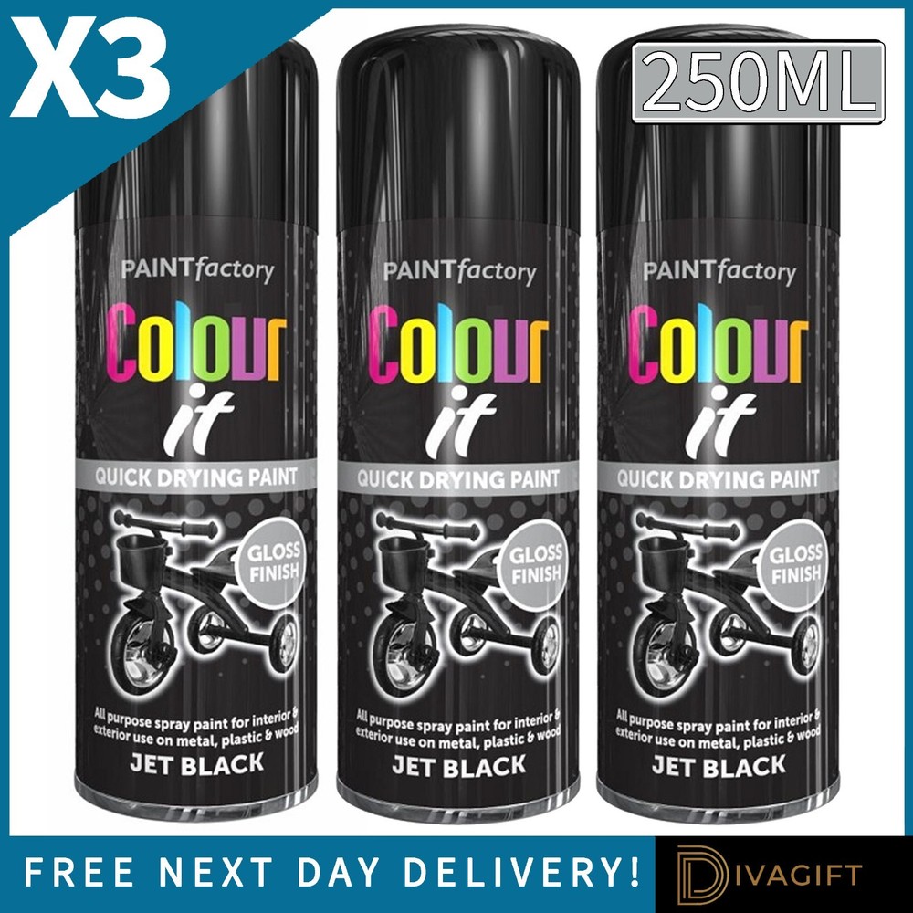 3 x JET BLACK GLOSS FINISH SPRAY PAINT 250ML AEROSOL FOR METAL WOOD PLASTIC NEW