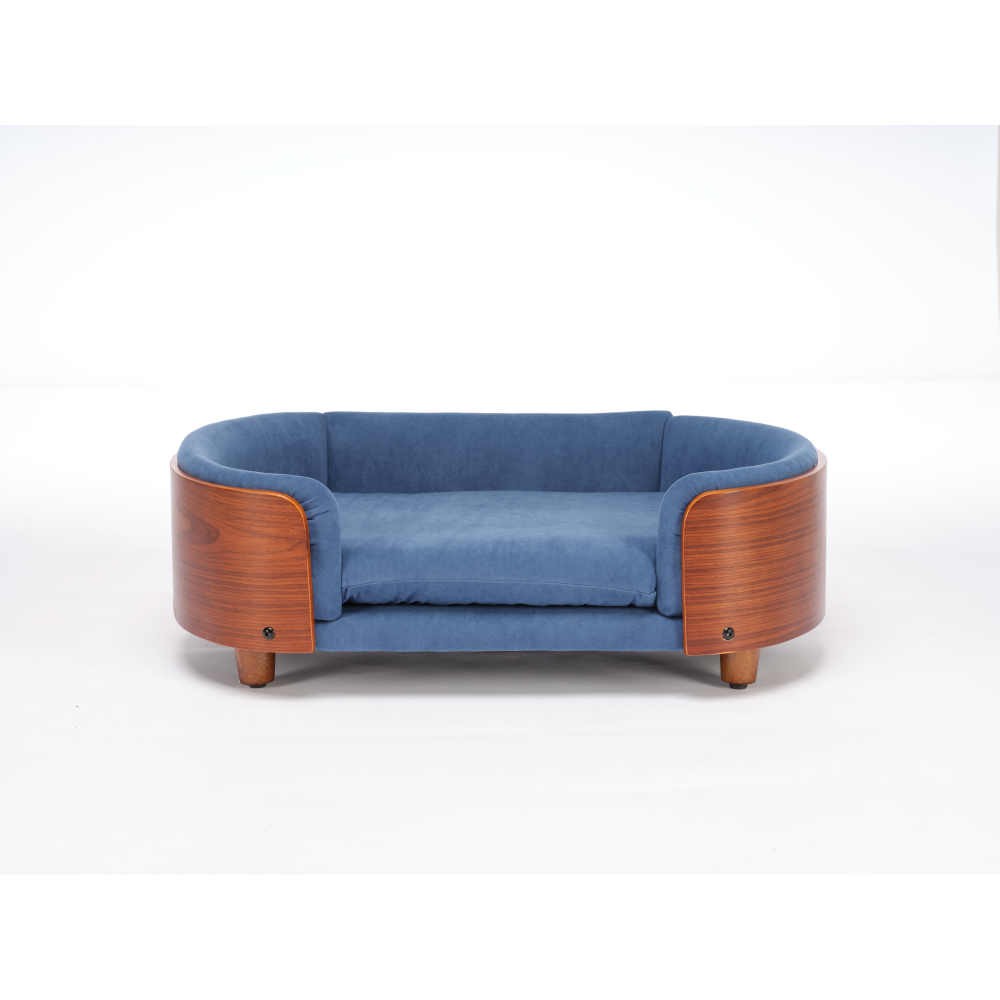 Modern Elevated Dog Bed - Velvet Cushion w/ Bent Wood Back & Sturdy Legs