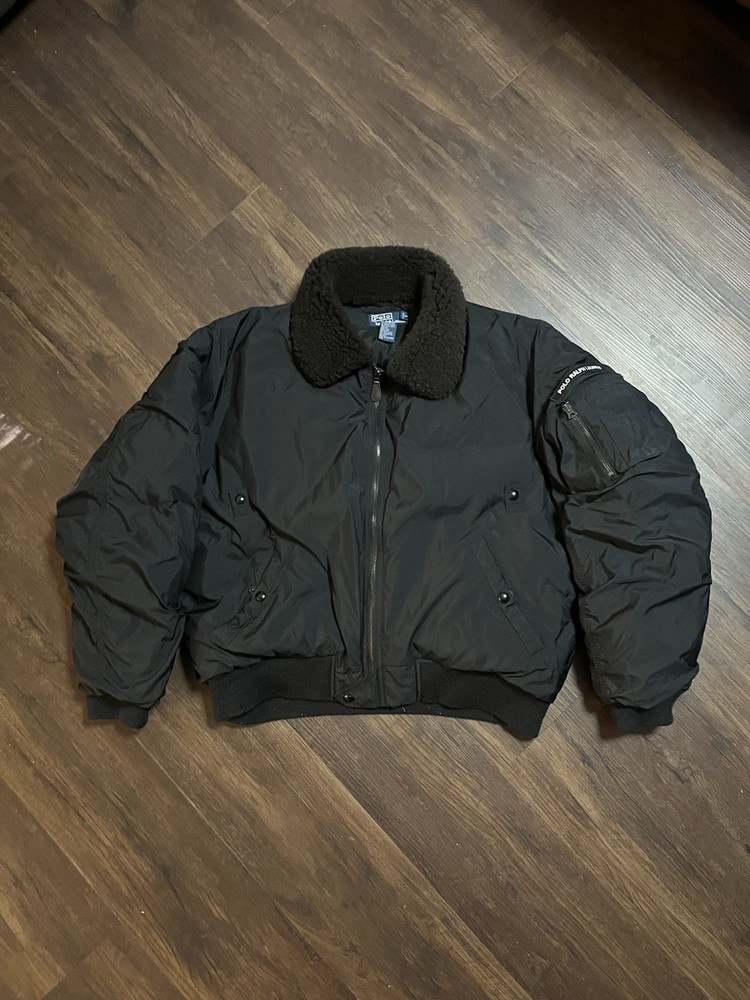 Polo Ralph Lauren Jacket Bomber Pilot Down Puffer Shearling Flight Black L