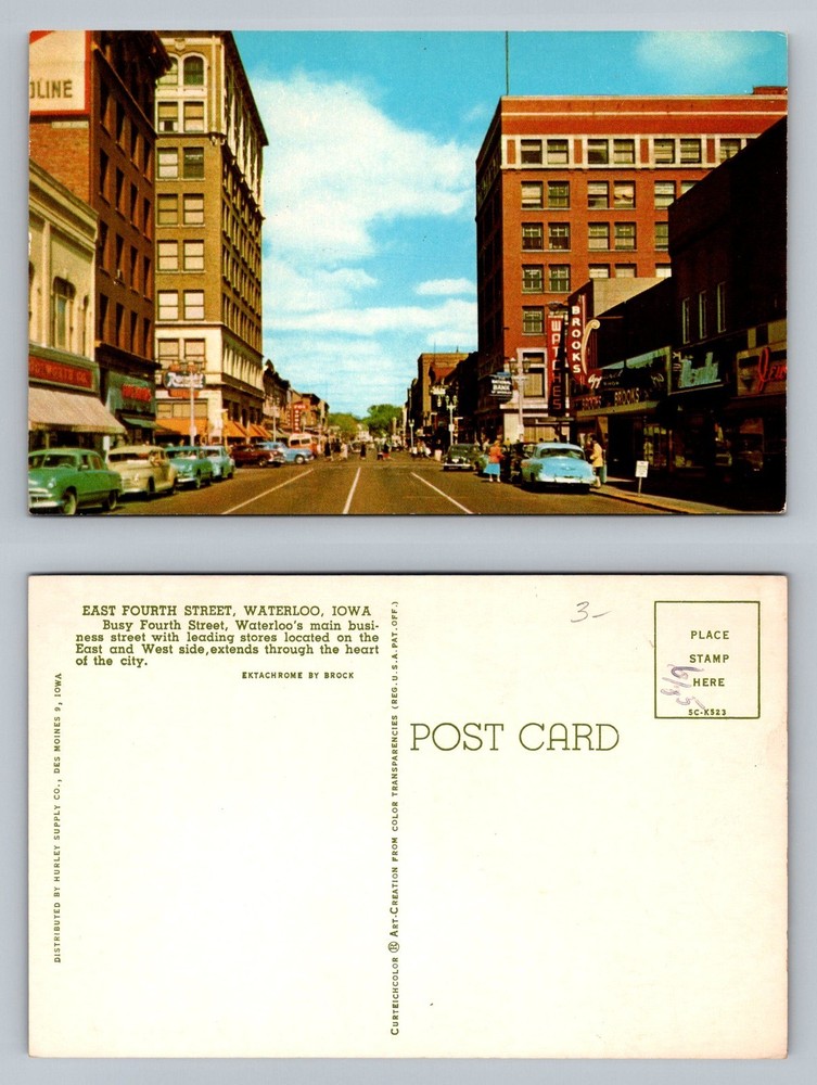 Waterloo, IA-Iowa, East Fourth Street Downtown Stores Traffic Vintage Postcard