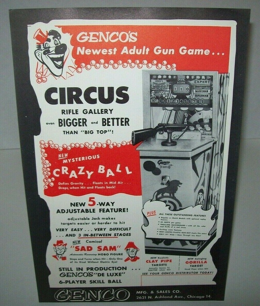 Circus Arcade Flyer 1957 Original UNUSED Shooting Gallery Gun Rifle Game Genco