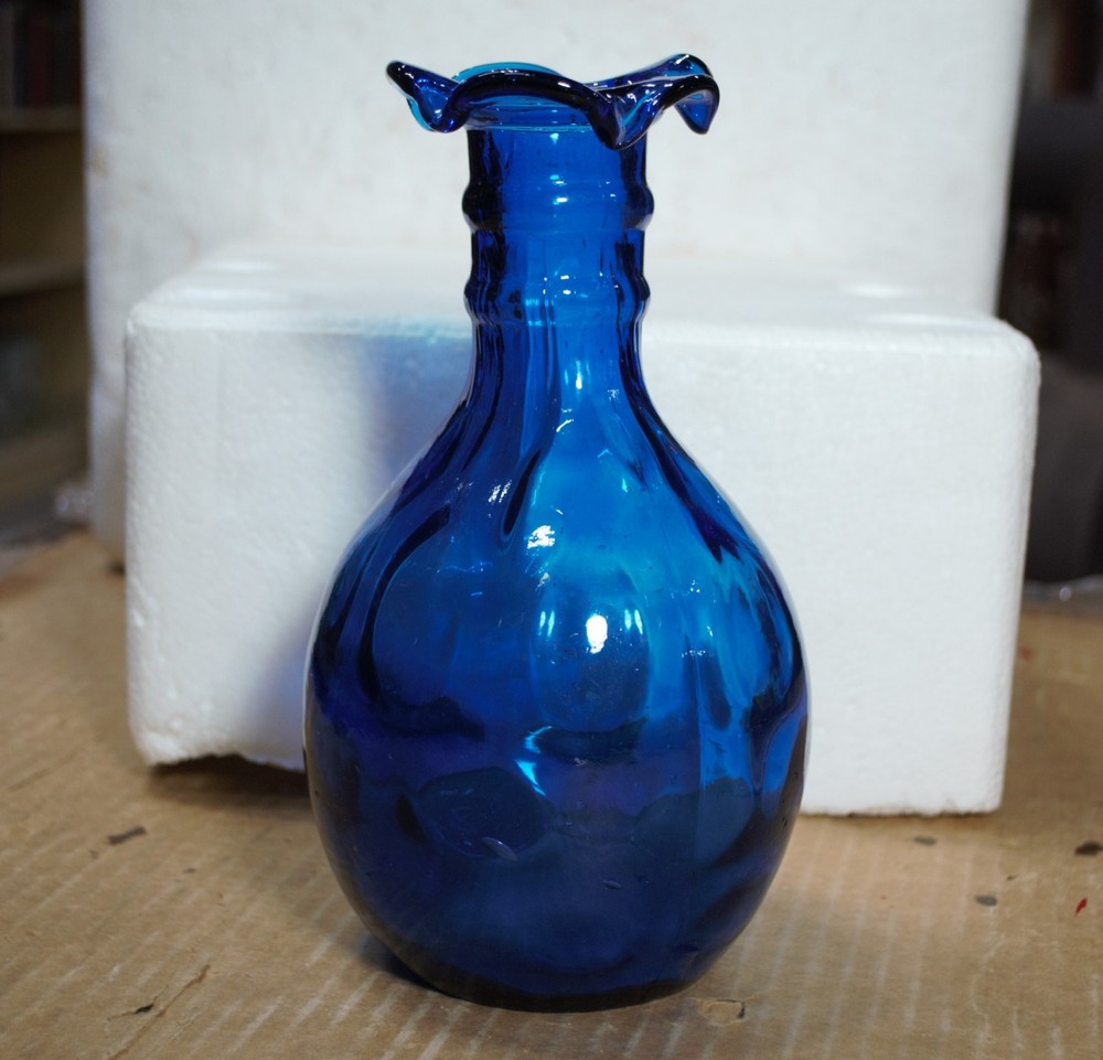 Vintage cobalt blue glass vase ruffled top possible hand blown