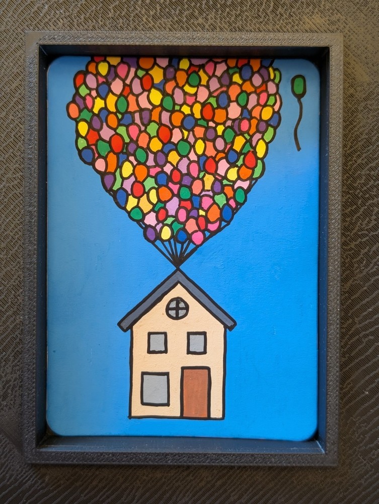 ACEO Original Hand Painted Acrylic Fantasy House Floating from Balloons Art Card