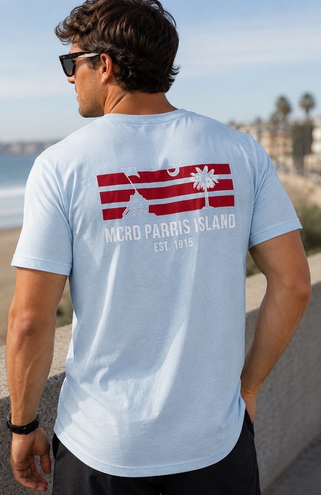 MCRD Parris Island USMC Iwo Jima Palmetto T-Shirt XL Light Blue White Red NEW!