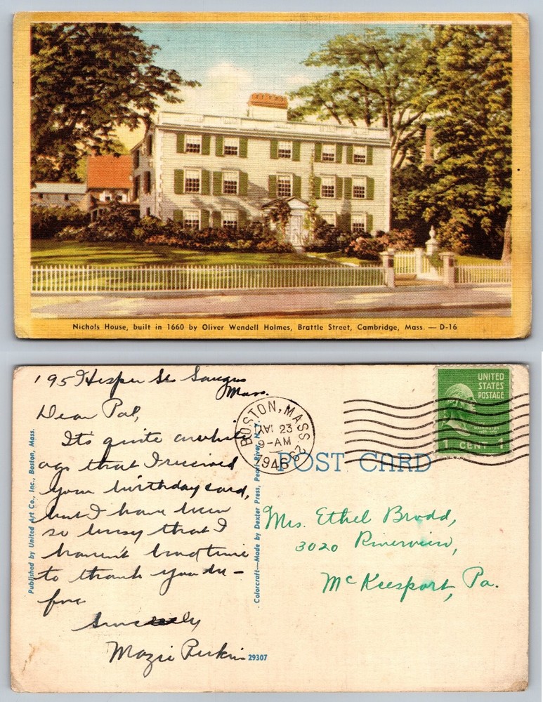Nichols House Oliver Wendell Holmes Cambridge MA 1948 Postcard Dexter Press