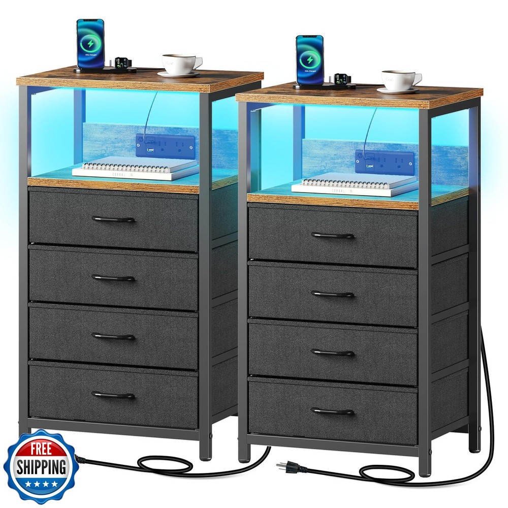 Modern Tall Nightstand with 4 Fabric Drawers & Built-in Charging Station