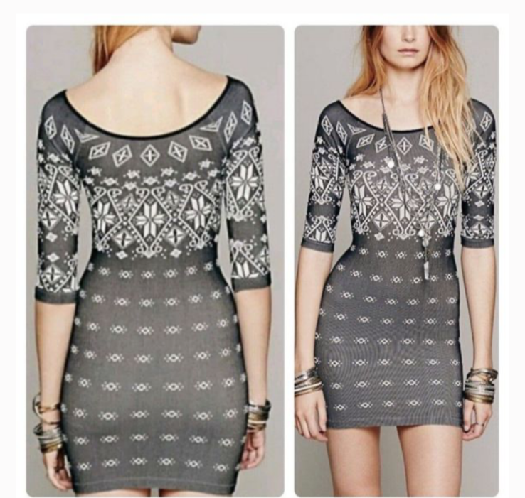 Free People Intimately Intarsia Printed 3/4 Sleeve Bodycon Mini Dress M/L