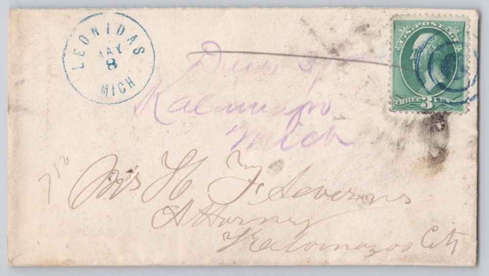 Leonidas, Mich Blue Circular Cancel, Green 1c Washington Stamp on Envelope
