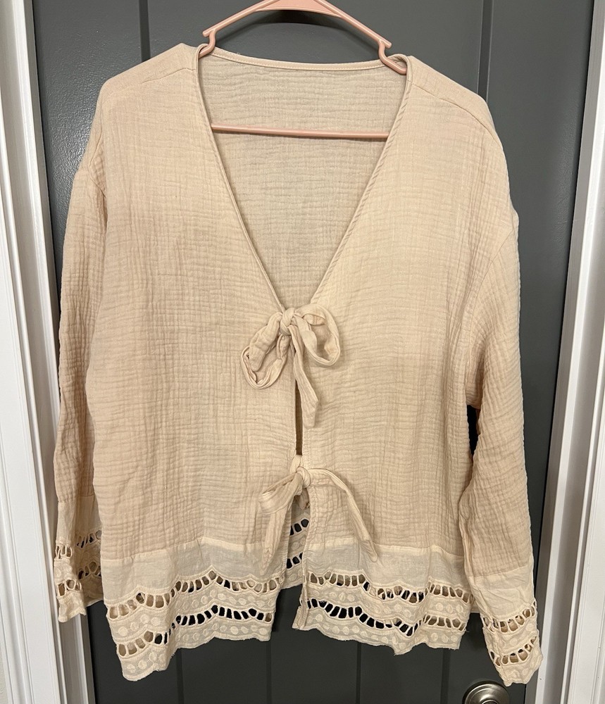 Cotton Gauze Tie Front Top Size  1X. Beige. Crochet Trim. Boho