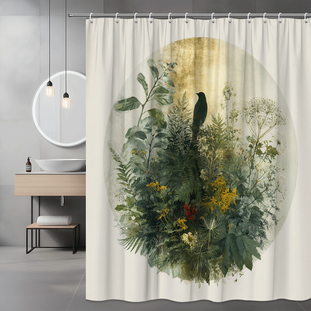 Bird and Floral Circle Shower Curtain Botanical Print