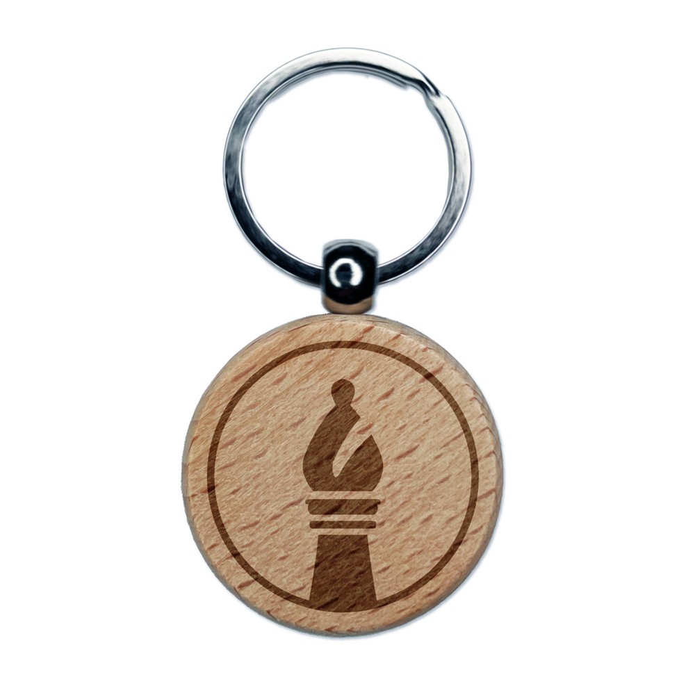 Chess Piece Black Bishop Engraved Wood Round Keychain Tag Charm