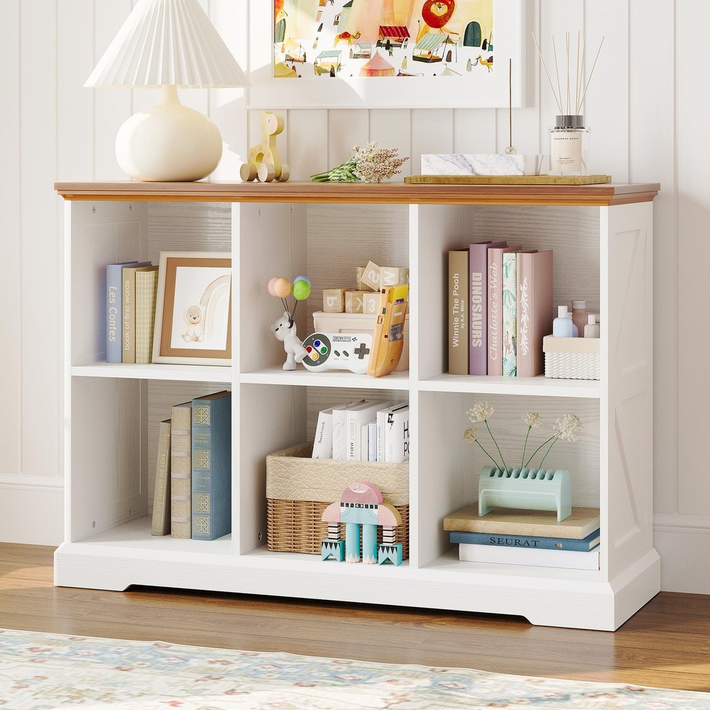 6-Cube Wooden Storage Organizer - Farmhouse Bookcase Shelf for Home Decor