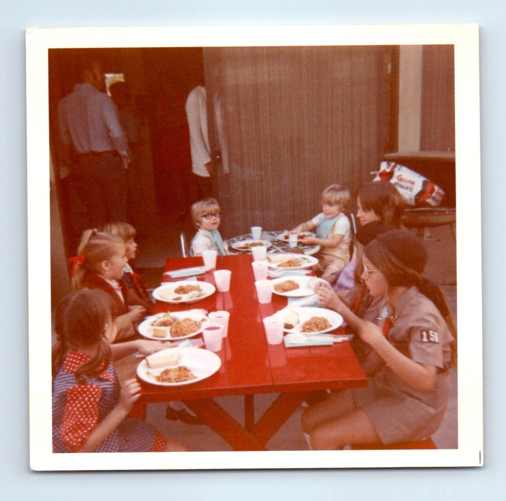 Old Vintage Square Color Photo BOYS GIRLS RED PICNIC TABLE GIRL SCOUT UNIFORM
