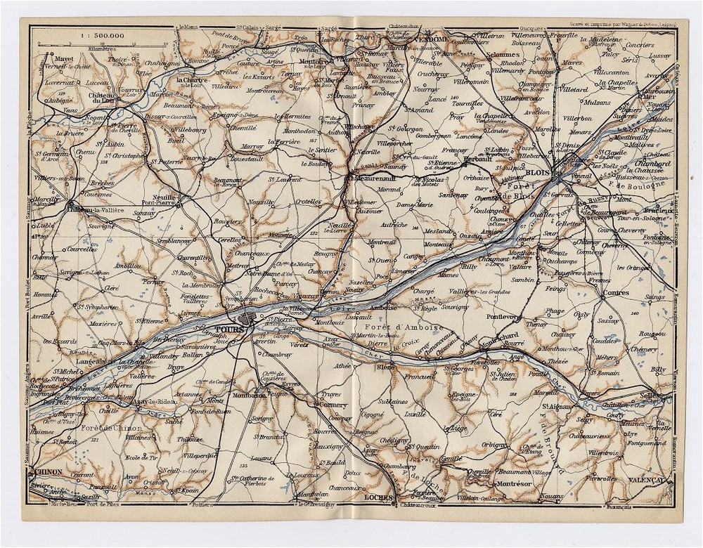 1919 Original Antique Map Of Vicinity Of Tours Blois / Loire / France