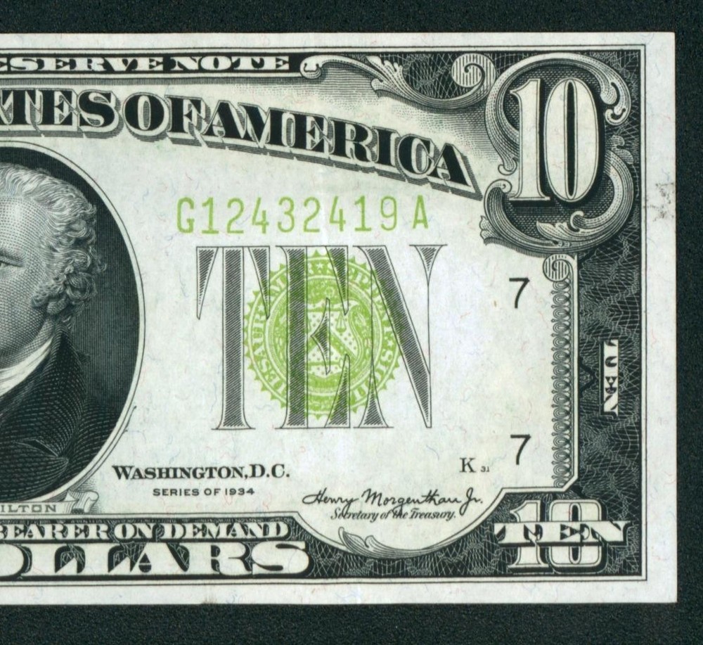 $10 1934 ((VF+)) LGS LIME ((LIGHT GREEN SEAL)) Federal Reserve Note ** CURRENCY