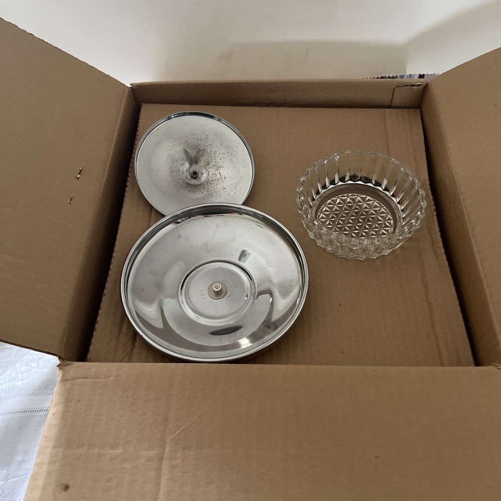 Kromex Chrome Cut Glass Lazy Susan Rotating Tray with Covered Dip Bowl 4 Piece Set