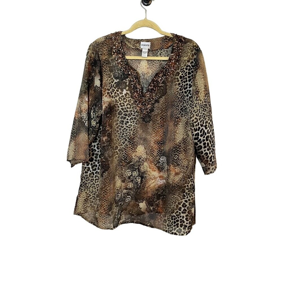 Chicos Women Top Size XL Brown V Neck Pullover Black Animal Print Bronze Sequin