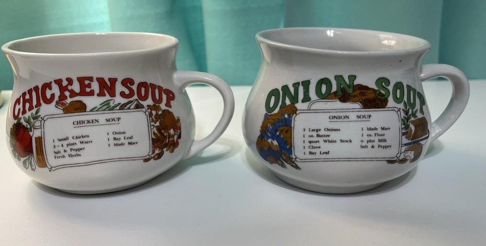 Vintage Onion Soup and Chicken Soup Recipe Mug Cups Bowls Lot Of 2