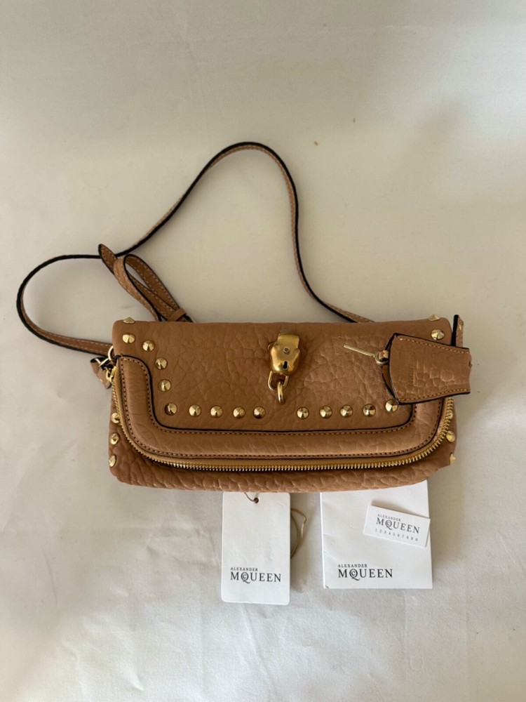 ALEXANDER MCQUEEN Tan Leather Studded Skarcadena Clutch with Second Bag