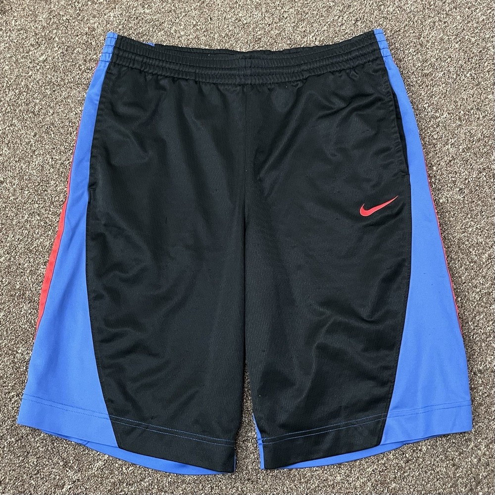 Nike Basketball Shorts Mens Med Black Blue Shiny Gym Baggy Silky Swoosh Y2K 11”