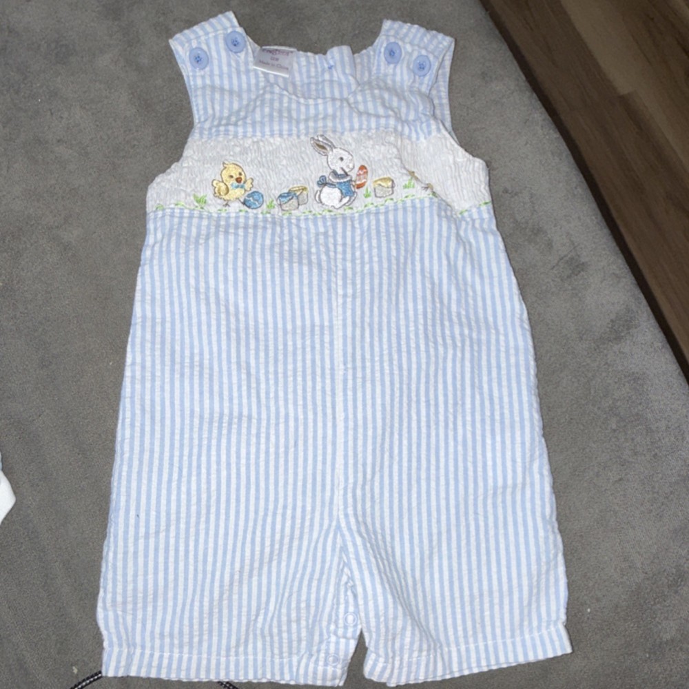 Blue White Striped Easter Bunny Chick Embroidered Romper 12 month