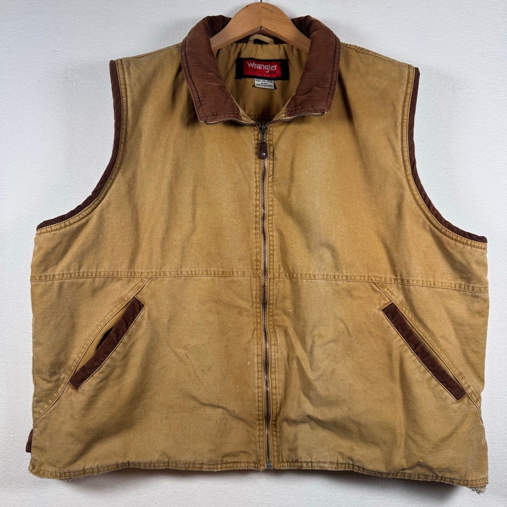 VTG Wrangler Hero Khaki Trucker Sherpa Lined Brown Corduroy Winter Vest Sz 2XL