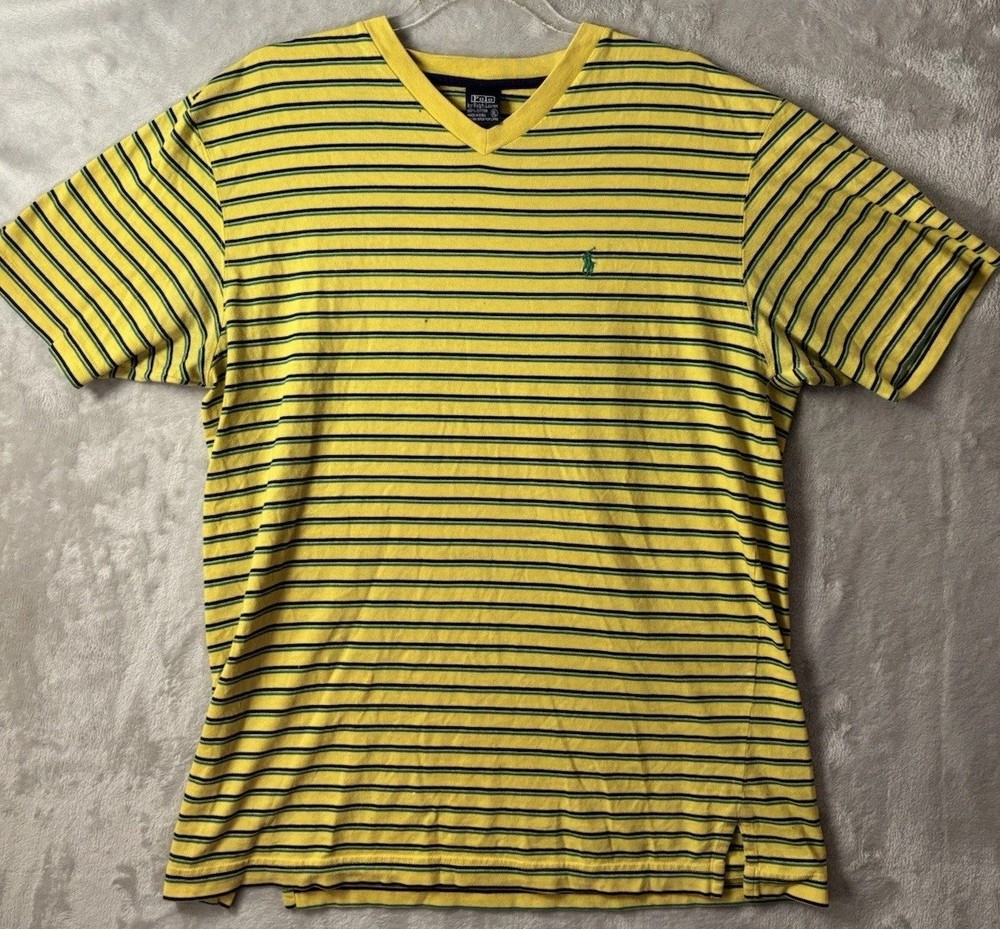 Polo Ralph Lauren T Shirt Yellow Striped V Neck Pony Logo Casual Preppy Men’s XL